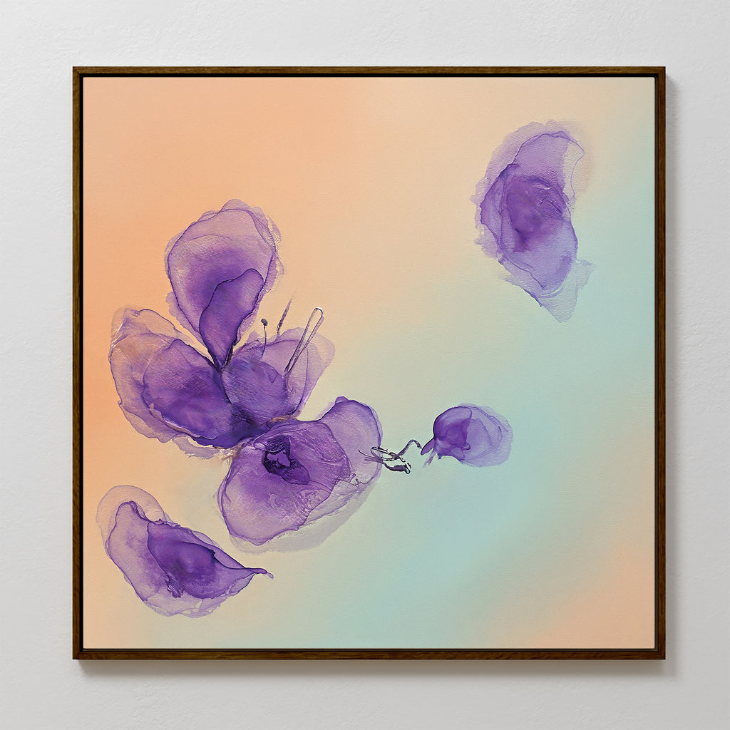 The Violet Dreams Canvas Art - Square features soft, translucent purple petals on a peach and light blue gradient, creating an abstract floral composition perfect for botanical wall art enthusiasts.