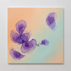 Violet Dreams Canvas Art - Square features delicate, translucent purple flower shapes on a soft peach and light blue gradient background, creating an ethereal botanical accent ideal for modern spaces.
