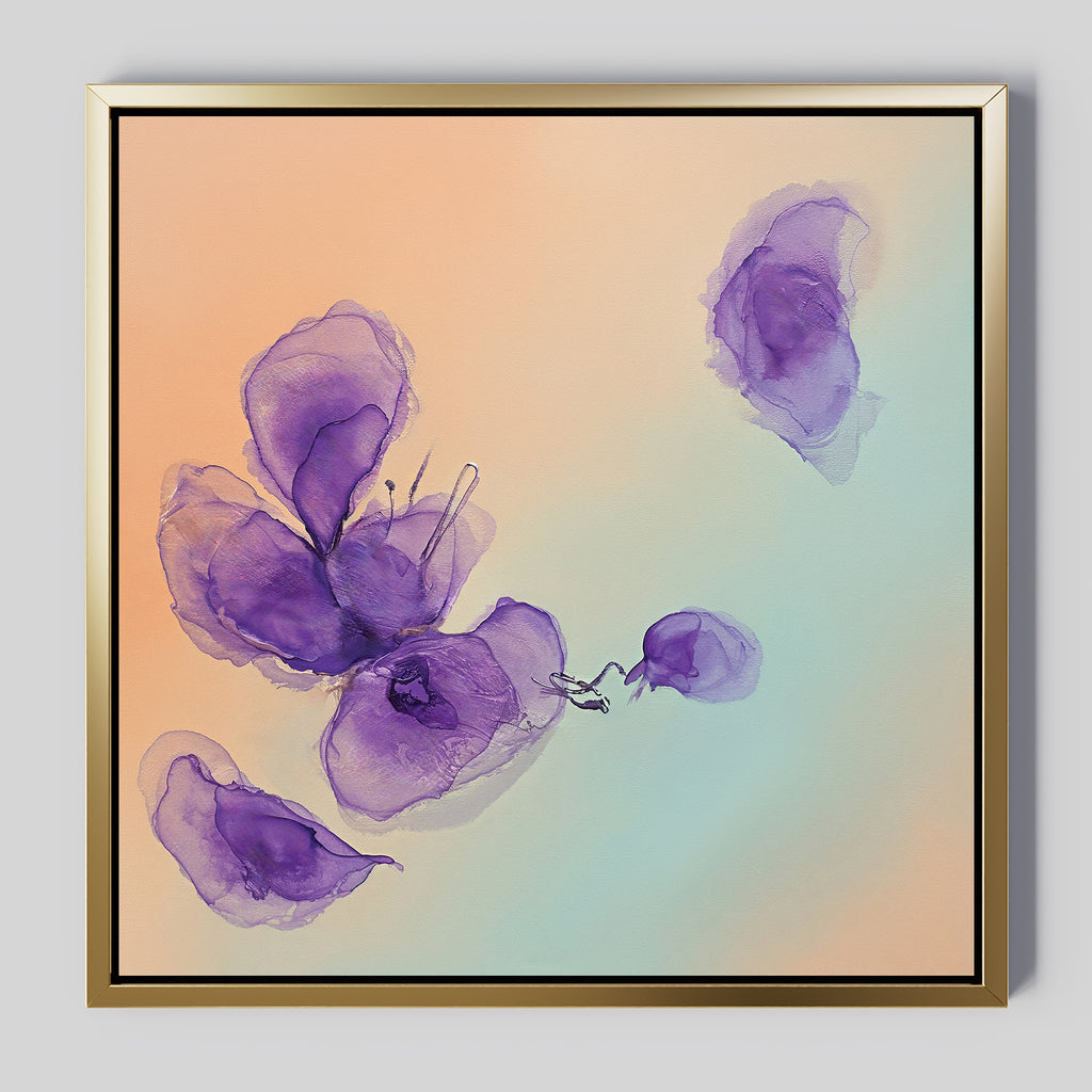 Violet Dreams Canvas Art - Square showcases delicate, translucent purple flowers on a soft peach and blue gradient, perfect for adding subtle botanical style to your Nordic Park-inspired decor.