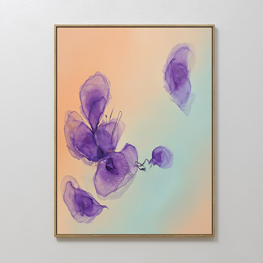 The Violet Dreams Canvas Art - Vertical features translucent purple floral shapes on a soft gradient backdrop of peach, pale yellow, and light blue.