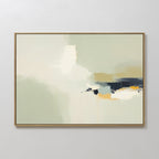Weathered Composition Canvas Art - Horizontal features a minimalist abstract design in a gold frame with soft cream, beige, and light gray tones, highlighted by bold dark blue and orange strokes for modern elegance.