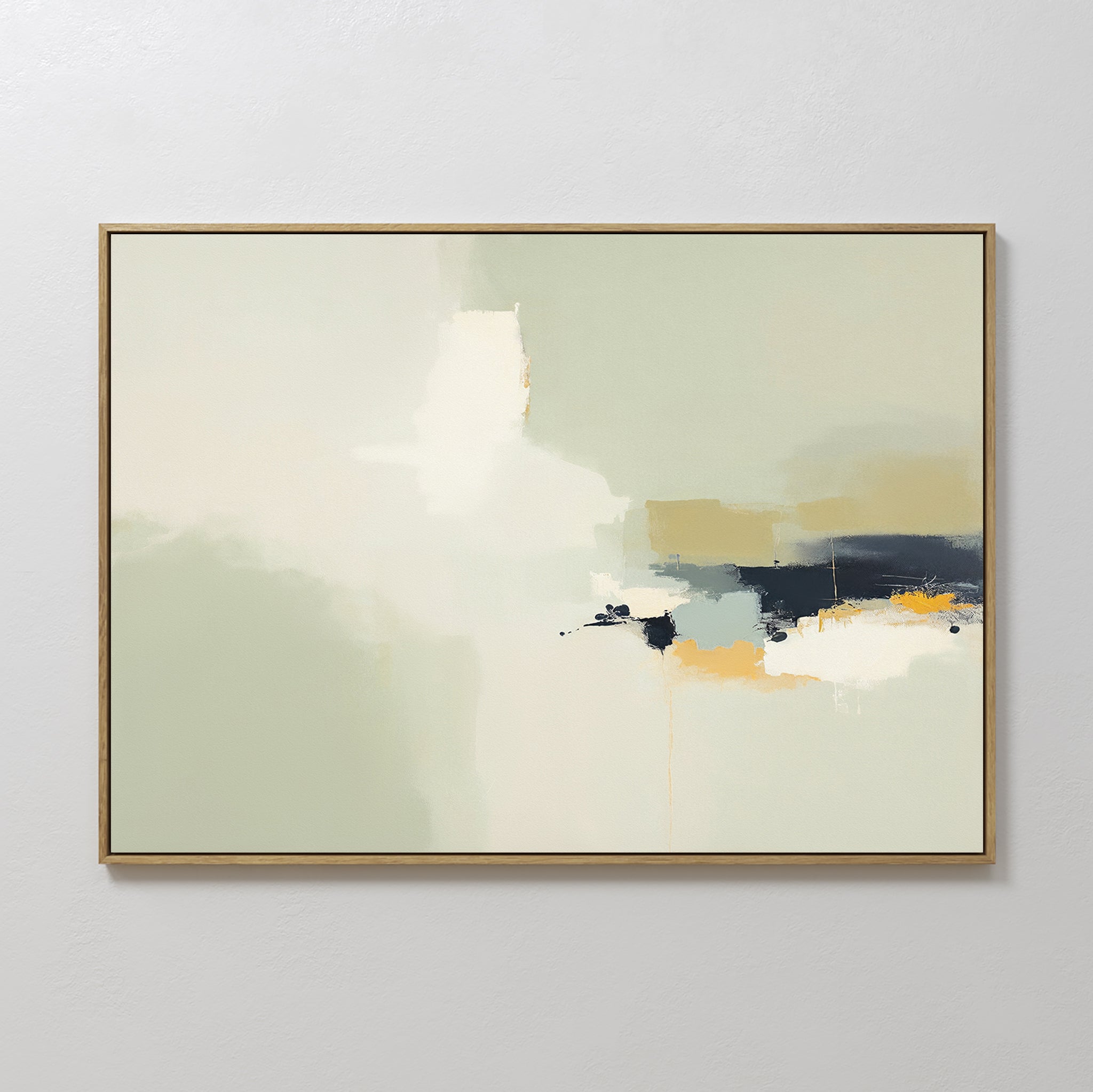 Weathered Composition Canvas Art - Horizontal features a minimalist abstract design in a gold frame with soft cream, beige, and light gray tones, highlighted by bold dark blue and orange strokes for modern elegance.