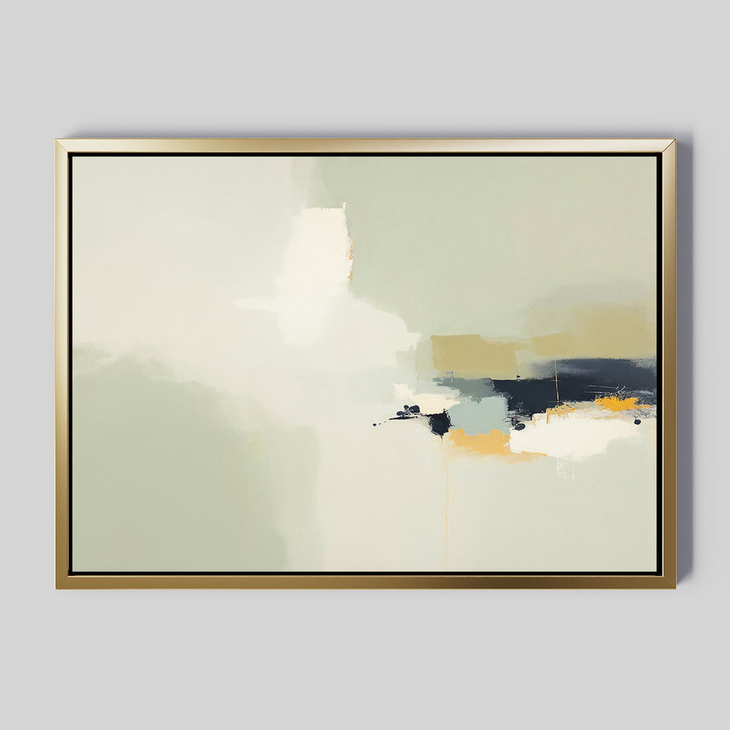 Weathered Composition Canvas Art - Horizontal features soft white, beige, and pale green tones, accented by bold navy blue and mustard yellow strokes. Framed in gold on a light grey background, it showcases Nordic Park artwork style with modern elegance.