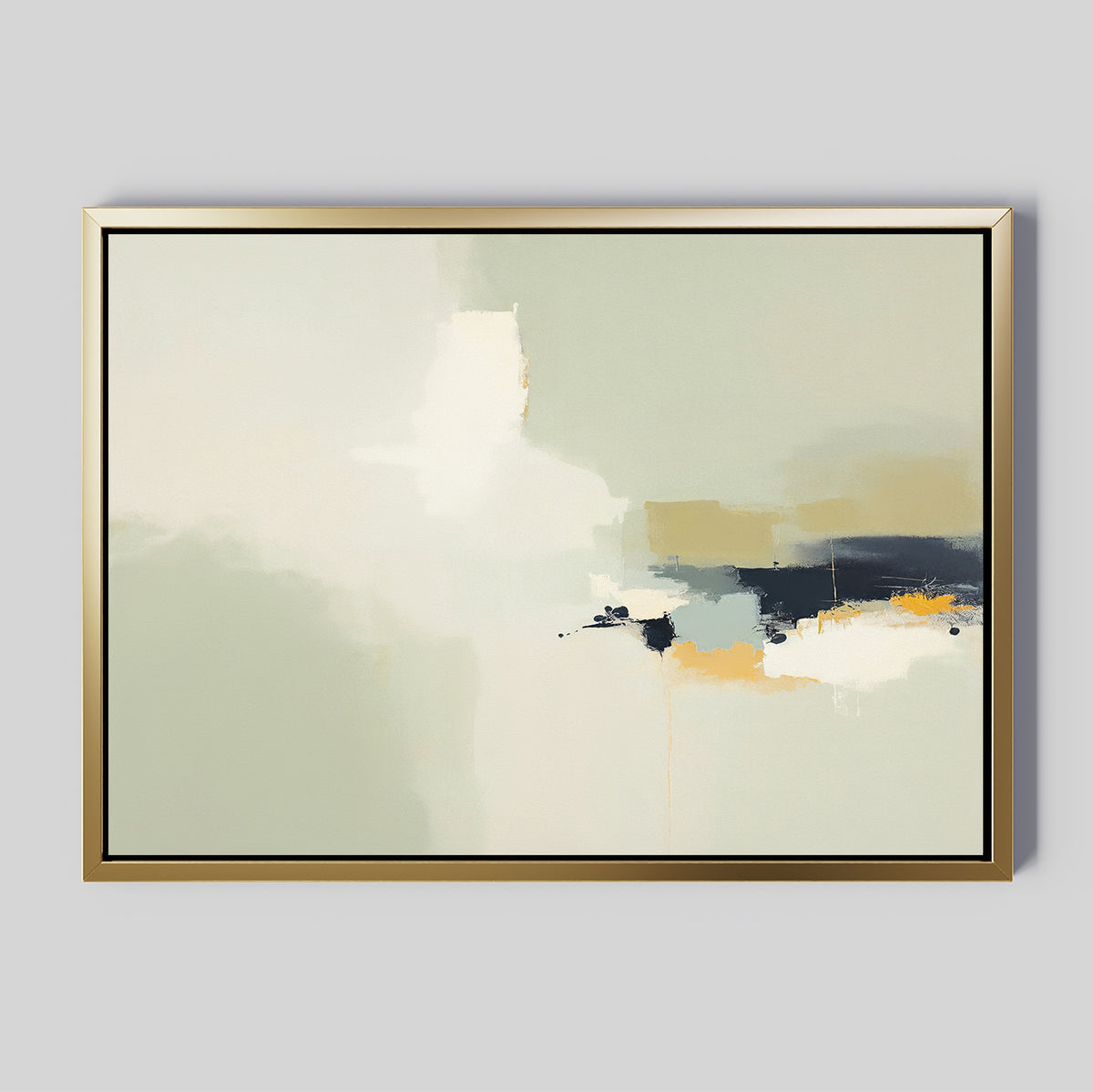 Weathered Composition Canvas Art - Horizontal features soft white, beige, and pale green tones, accented by bold navy blue and mustard yellow strokes. Framed in gold on a light grey background, it showcases Nordic Park artwork style with modern elegance.