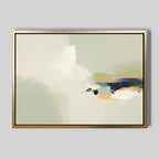 Weathered Composition Canvas Art - Horizontal features soft white, beige, and pale green tones, accented by bold navy blue and mustard yellow strokes. Framed in gold on a light grey background, it showcases Nordic Park artwork style with modern elegance.