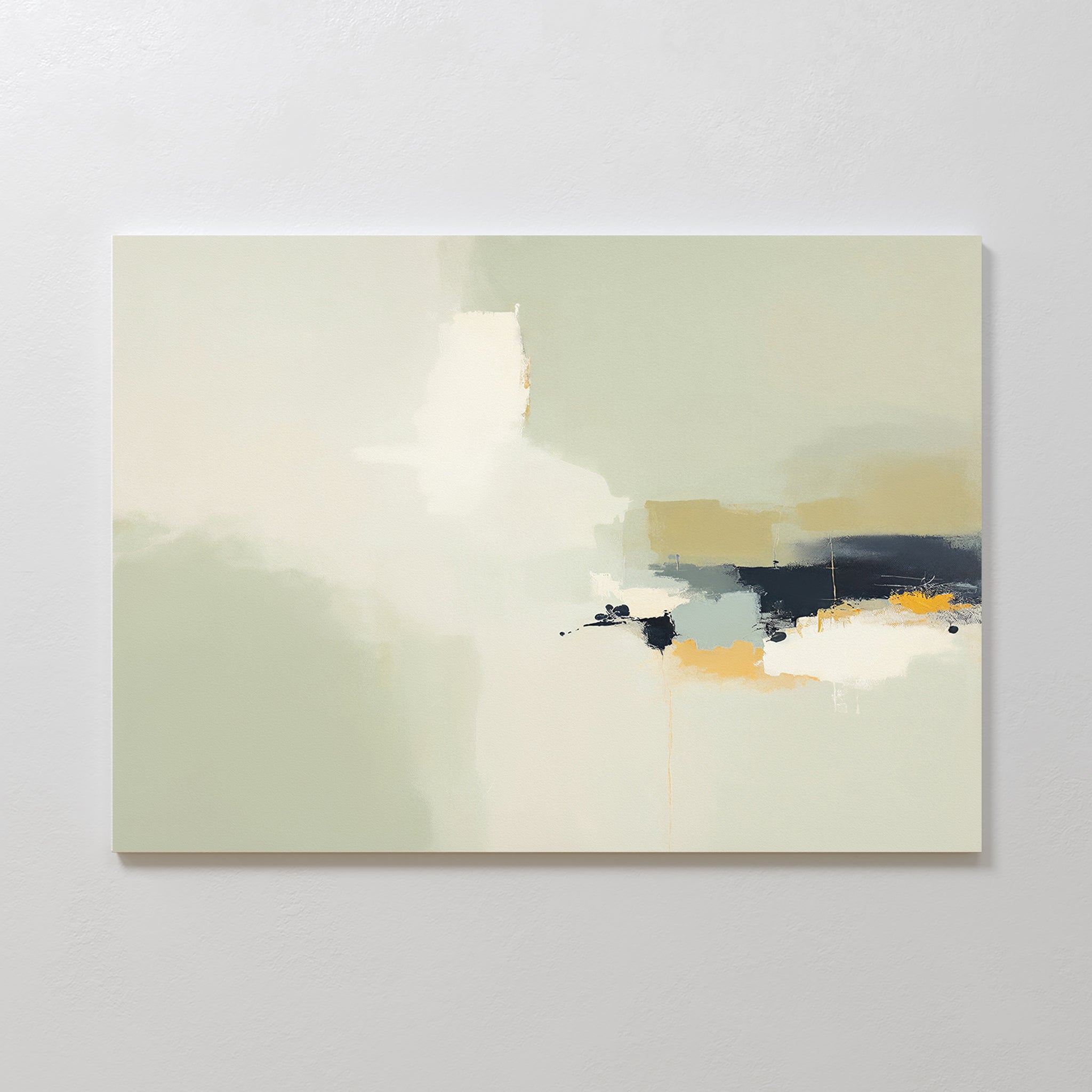 The Weathered Composition Canvas Art - Horizontal features an abstract design in beige, white, cream, and pale green with a horizontal cluster of dark blue and yellow brushstrokes, adding modern elegance to any light-filled space.