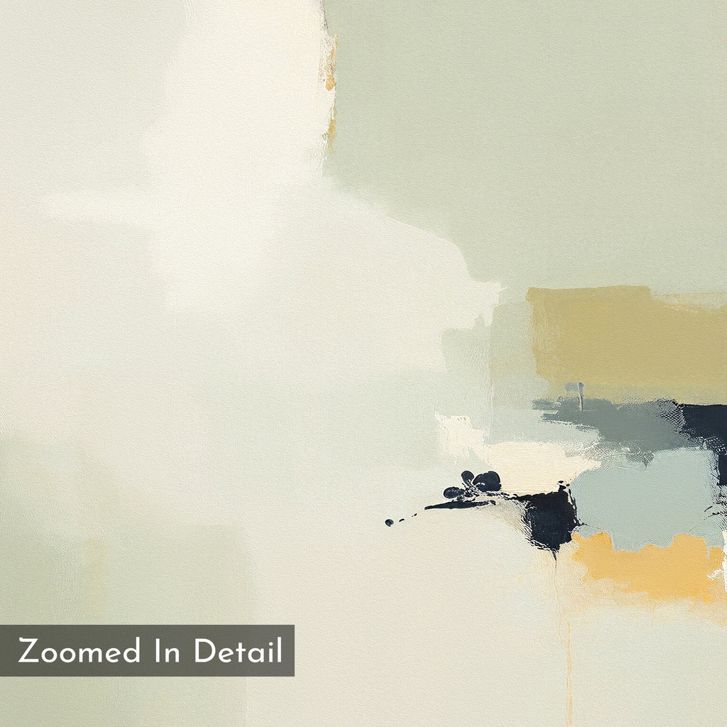 Weathered Composition Canvas Art - Horizontal features abstract, overlapping patches of cream, beige, pale green, mustard yellow, and dark blue. A “Zoomed In Detail” label appears at the bottom left, highlighting its modern, textured elegance.