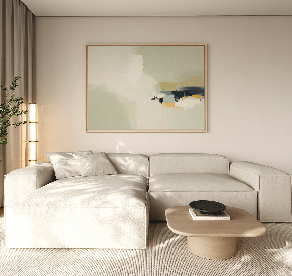 Minimalist living room featuring a beige sectional, light wood coffee table, neutral walls, floor-to-ceiling curtains, a tall corner plant, and modern elegance highlighted by Weathered Composition Canvas Art - Horizontal above.