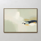 The Weathered Composition Canvas Art - Horizontal features soft blends of white, cream, and pale green with bold strokes in dark blue, black, yellow, and orange. This framed abstract print brings modern elegance to any light-colored wall.