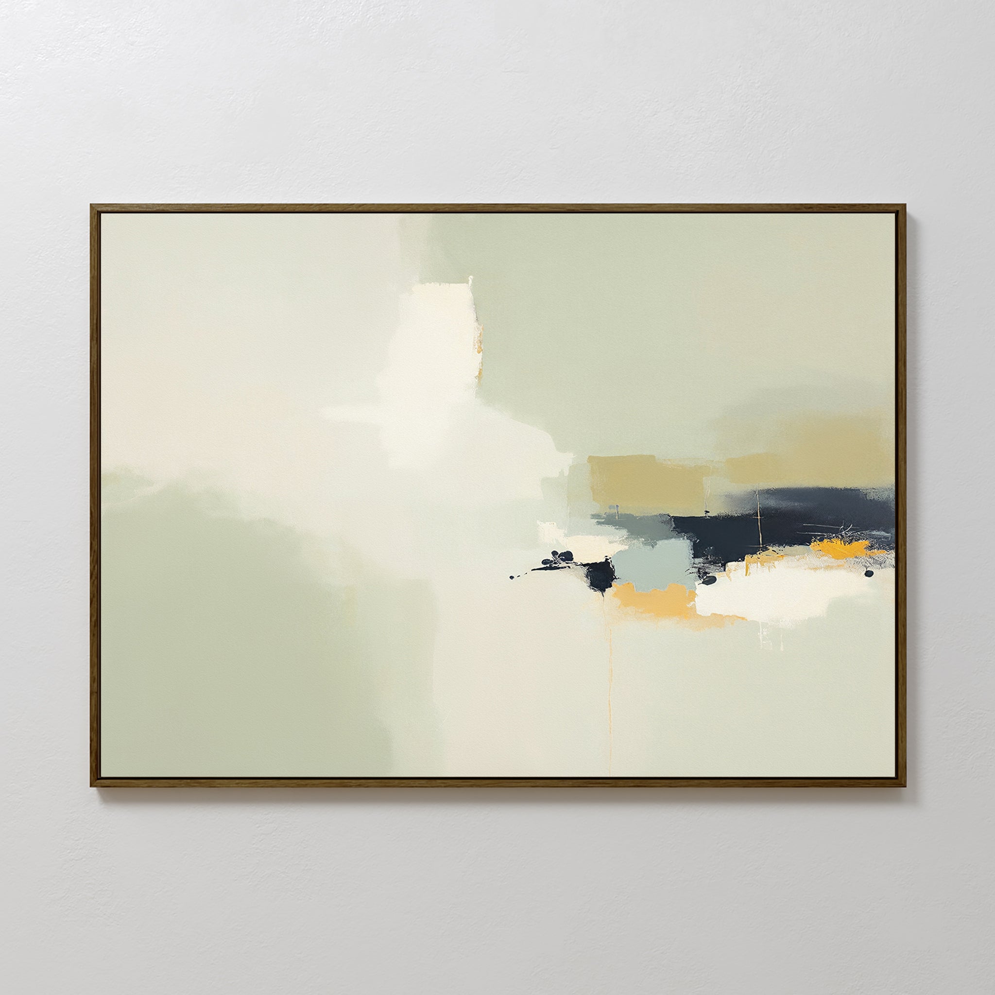 The Weathered Composition Canvas Art - Horizontal features soft blends of white, cream, and pale green with bold strokes in dark blue, black, yellow, and orange. This framed abstract print brings modern elegance to any light-colored wall.