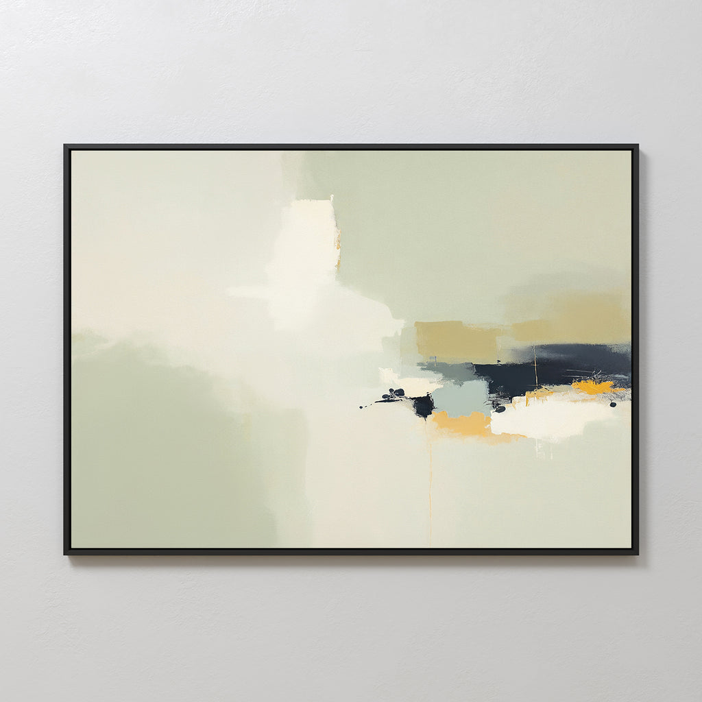 Weathered Composition Canvas Art - Horizontal features soft beige, gray, and cream hues highlighted by bold blue and orange accents. Framed in sleek black, this modern abstract print elevates any space with contemporary elegance.