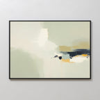 Weathered Composition Canvas Art - Horizontal features soft beige, gray, and cream hues highlighted by bold blue and orange accents. Framed in sleek black, this modern abstract print elevates any space with contemporary elegance.