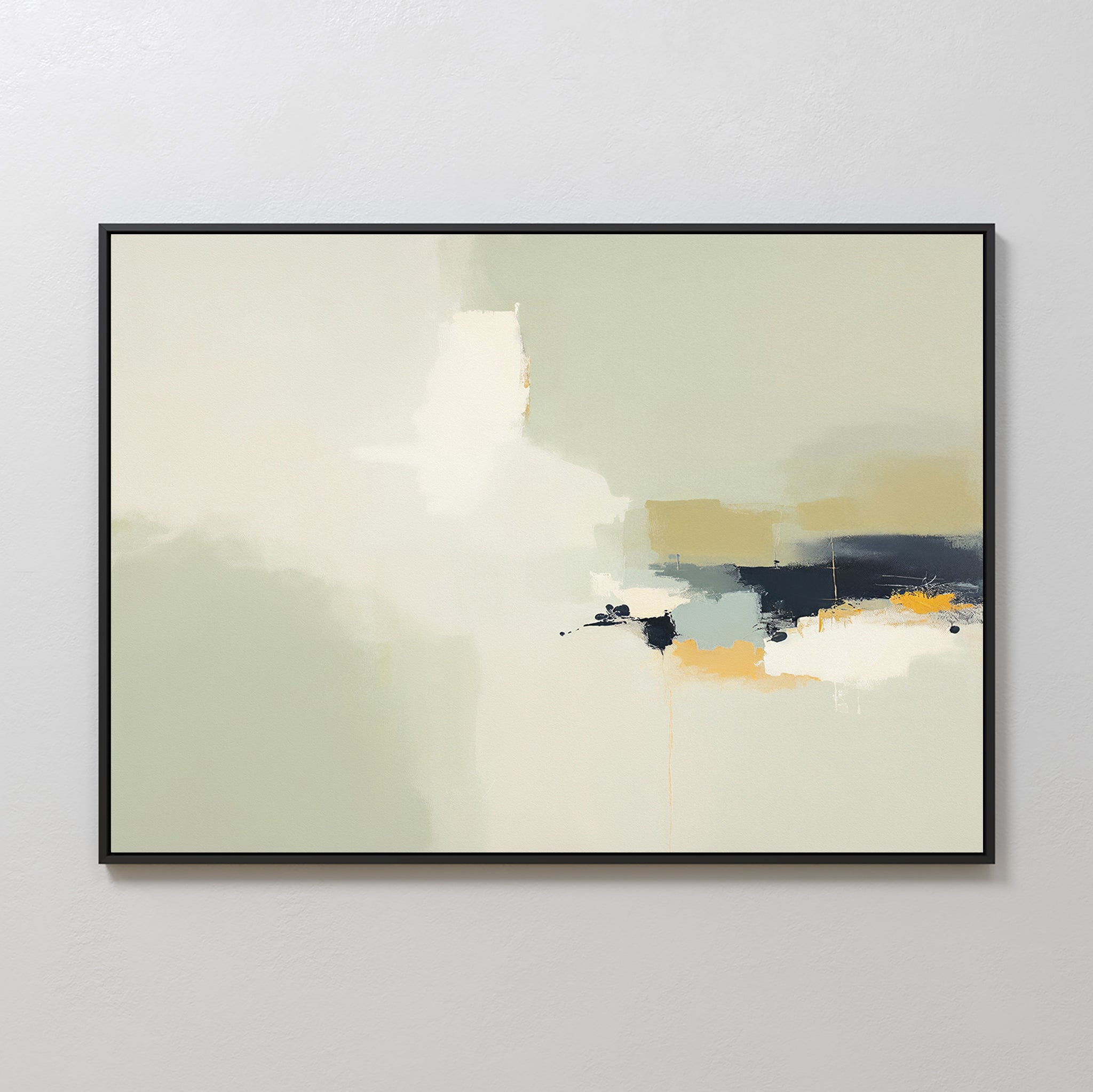 Weathered Composition Canvas Art - Horizontal features soft beige, gray, and cream hues highlighted by bold blue and orange accents. Framed in sleek black, this modern abstract print elevates any space with contemporary elegance.