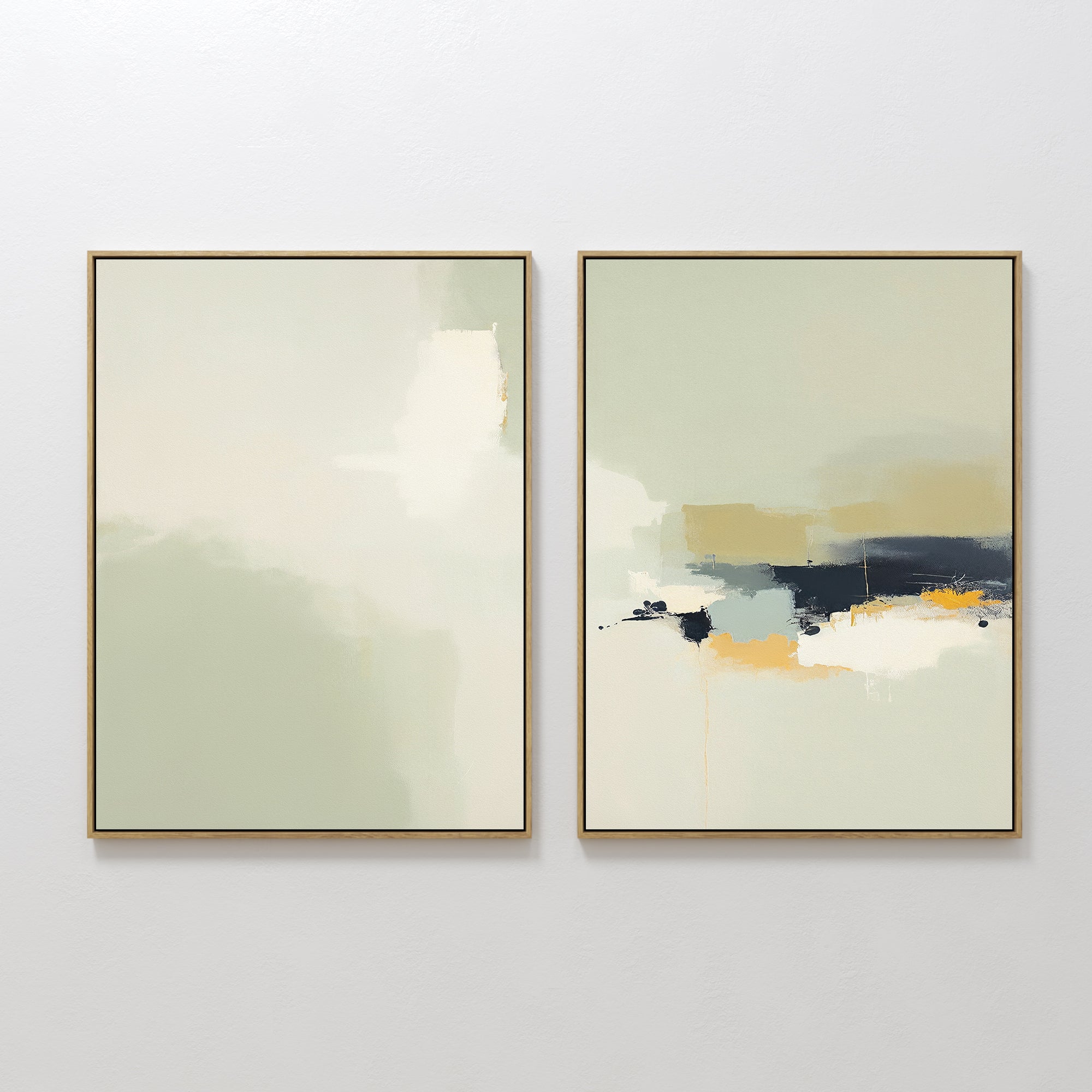 The Weathered Composition - Set Of 2 features framed abstract artworks: one in light green and off-white hues, the other with bold black, white, and gold brushstrokes, adding modern elegance to any room.