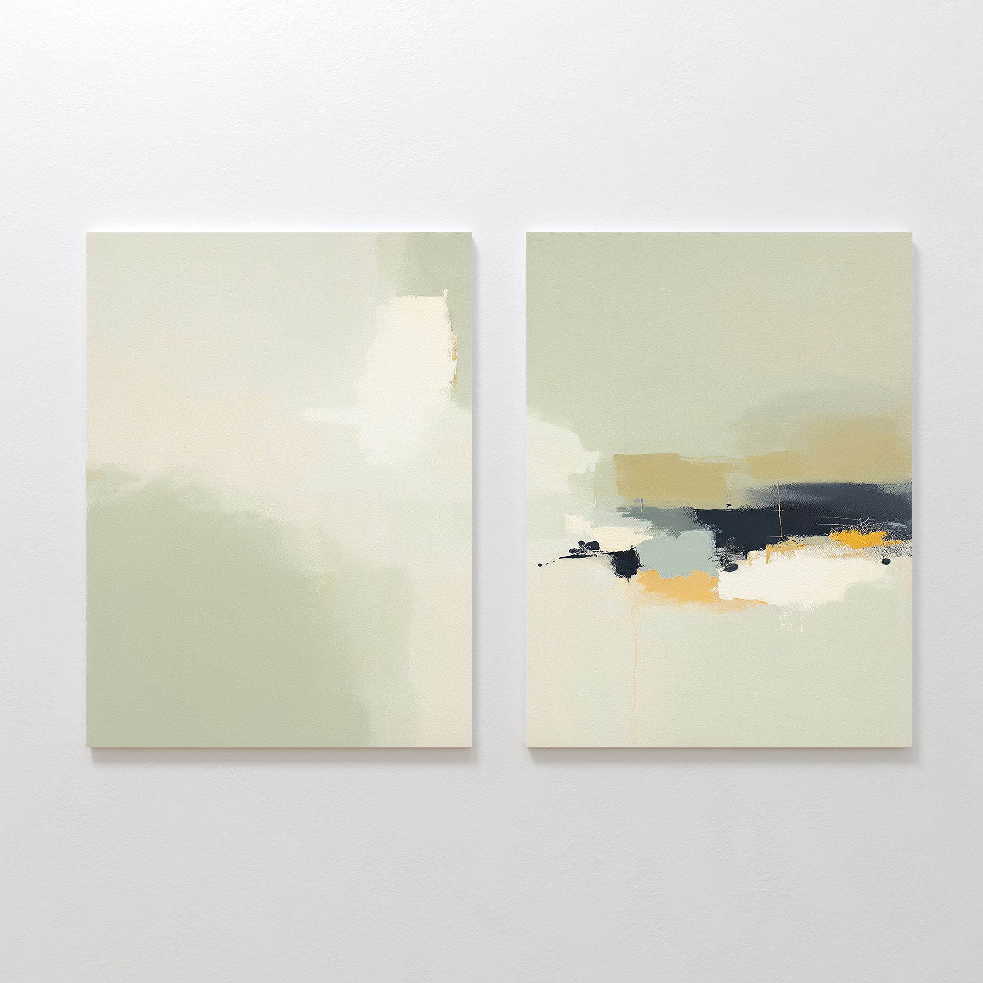 Weathered Composition - Set Of 2 showcases modern elegance: two abstract prints in soft green, beige, and white hang side by side, with the right piece featuring bold black and yellow brush strokes for a striking contrast.