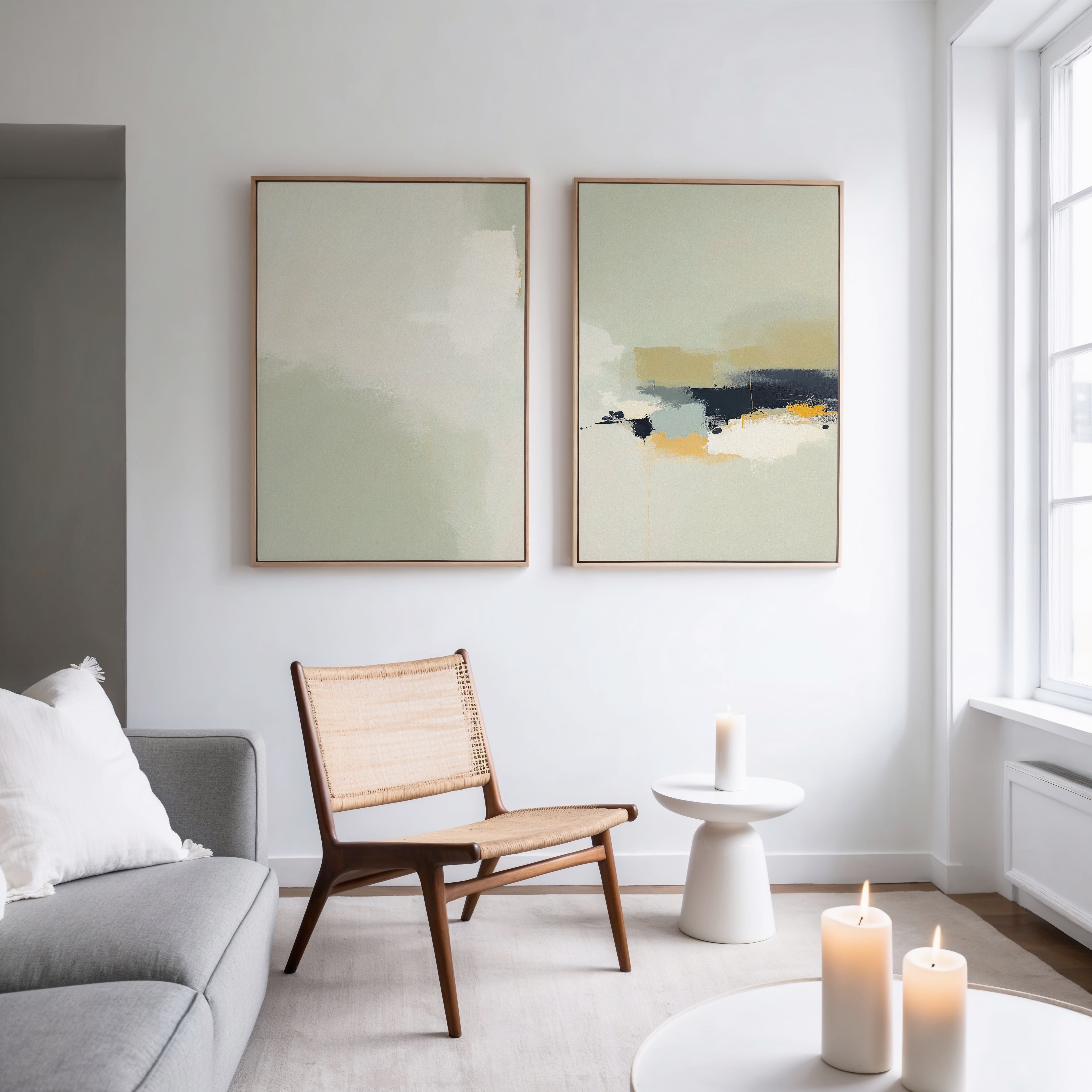 A modern, minimalist living room features a wooden chair, a small white side table with a lit candle, and the Weathered Composition - Set Of 2 abstract prints on the wall. More candles decorate the round coffee table, all bathed in natural light.