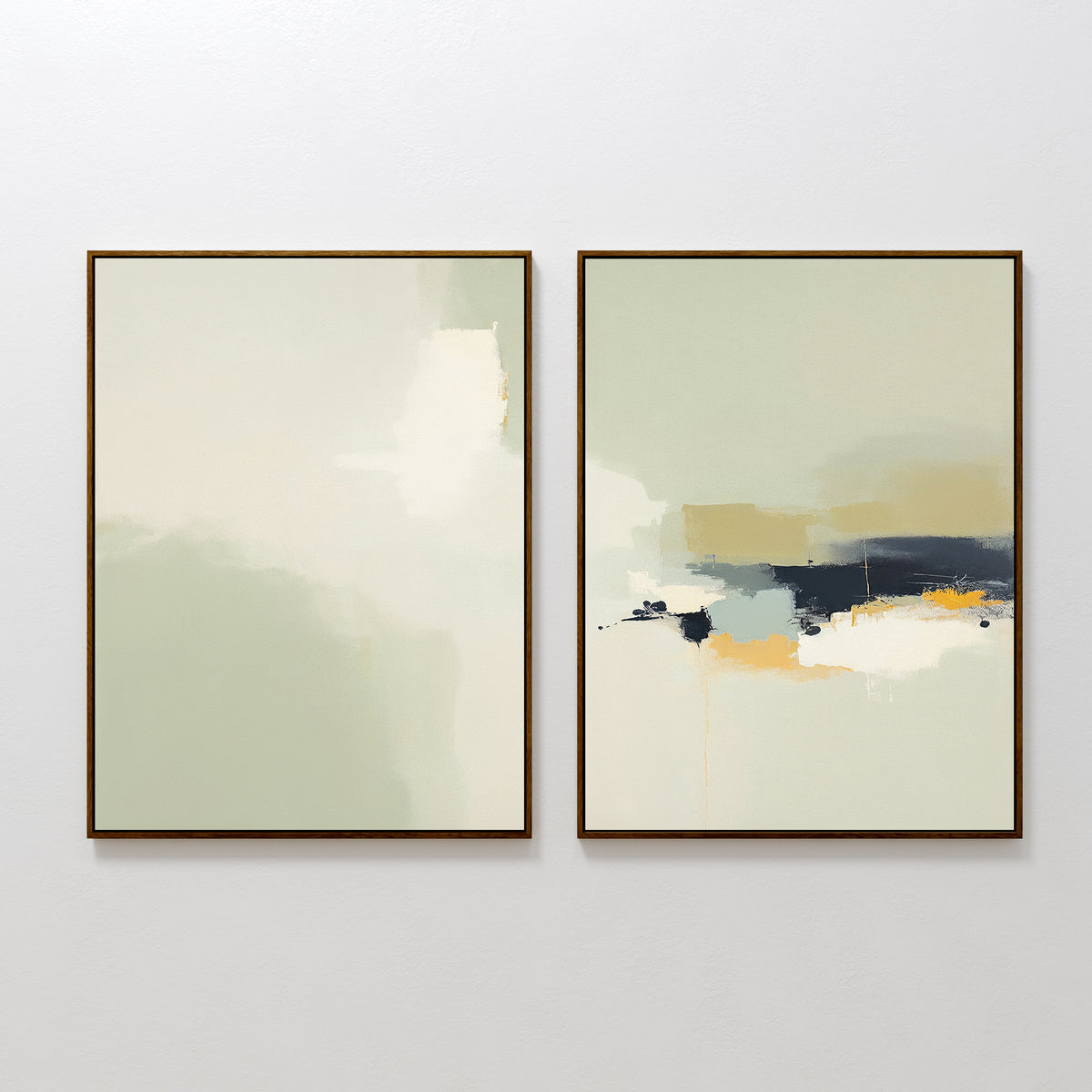 The Weathered Composition - Set of 2 features framed contemporary abstract prints in white, beige, and pale green. The right print adds bold blue, black, and orange accents. Both artworks bring modern elegance to any white wall.