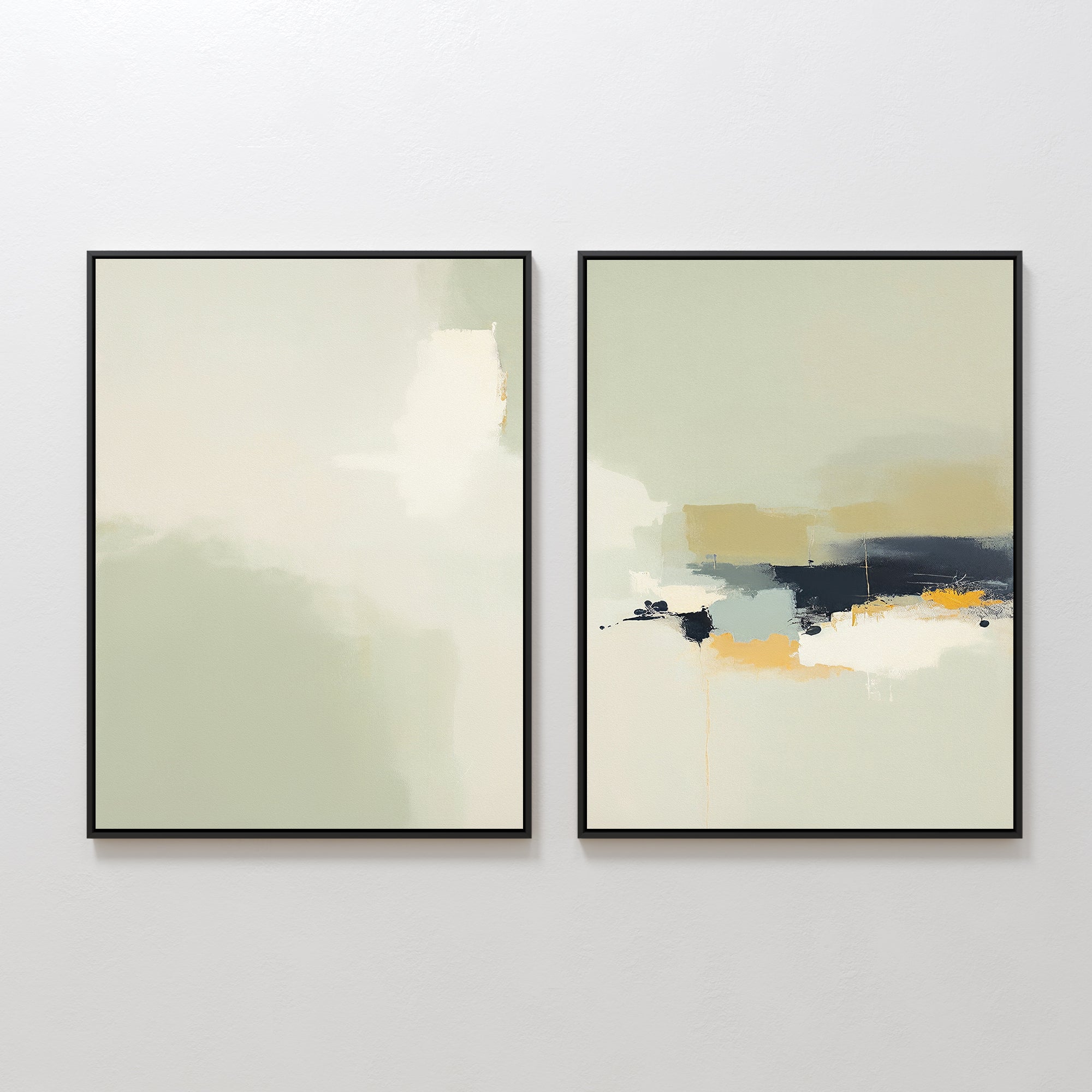 The Weathered Composition - Set of 2 features framed abstract prints: one with soft beige and cream tones, the other showcasing bold splashes of dark blue, yellow, and white for a touch of modern elegance.