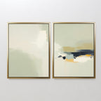 The Weathered Composition - Set Of 2 features abstract paintings in gold frames with soft greens, creams, and accents of dark blue and yellow, adding modern elegance to any white wall.