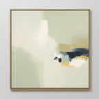 The Weathered Composition Canvas Art - Square features soft beige, cream, and pale green with bold dark blue, mustard yellow, and white accents. Displayed in a light wood frame, it brings modern Nordic elegance to any space.