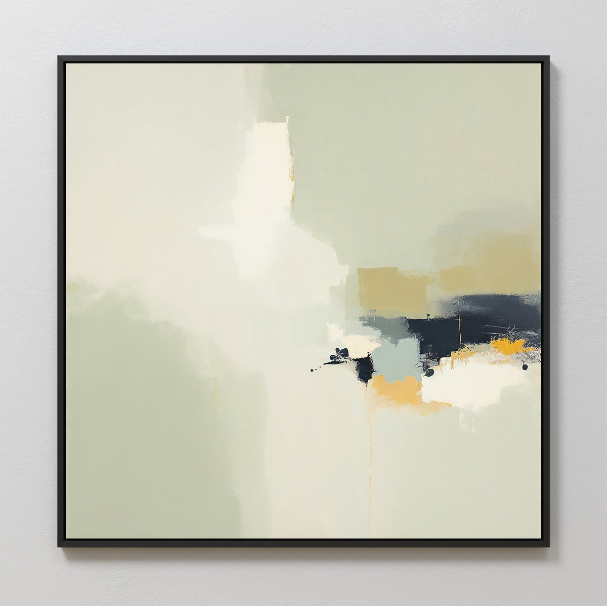 The Weathered Composition Canvas Art - Square features a modern abstract design with soft beige, cream, and pale green tones, accented by dark blue, mustard yellow, and white. It comes in a thin black frame and is shown on a light gray textured wall.