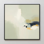 The Weathered Composition Canvas Art - Square features a modern abstract design with soft beige, cream, and pale green tones, accented by dark blue, mustard yellow, and white. It comes in a thin black frame and is shown on a light gray textured wall.