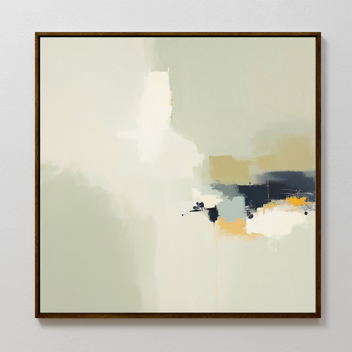 Weathered Composition Canvas Art - Square features blended areas and bold, textured brushstrokes in pale green, beige, white, and navy blue. This framed abstract print brings modern elegance with a style reminiscent of Nordic Park artwork.