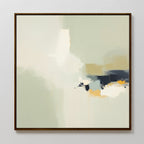 Weathered Composition Canvas Art - Square features blended areas and bold, textured brushstrokes in pale green, beige, white, and navy blue. This framed abstract print brings modern elegance with a style reminiscent of Nordic Park artwork.