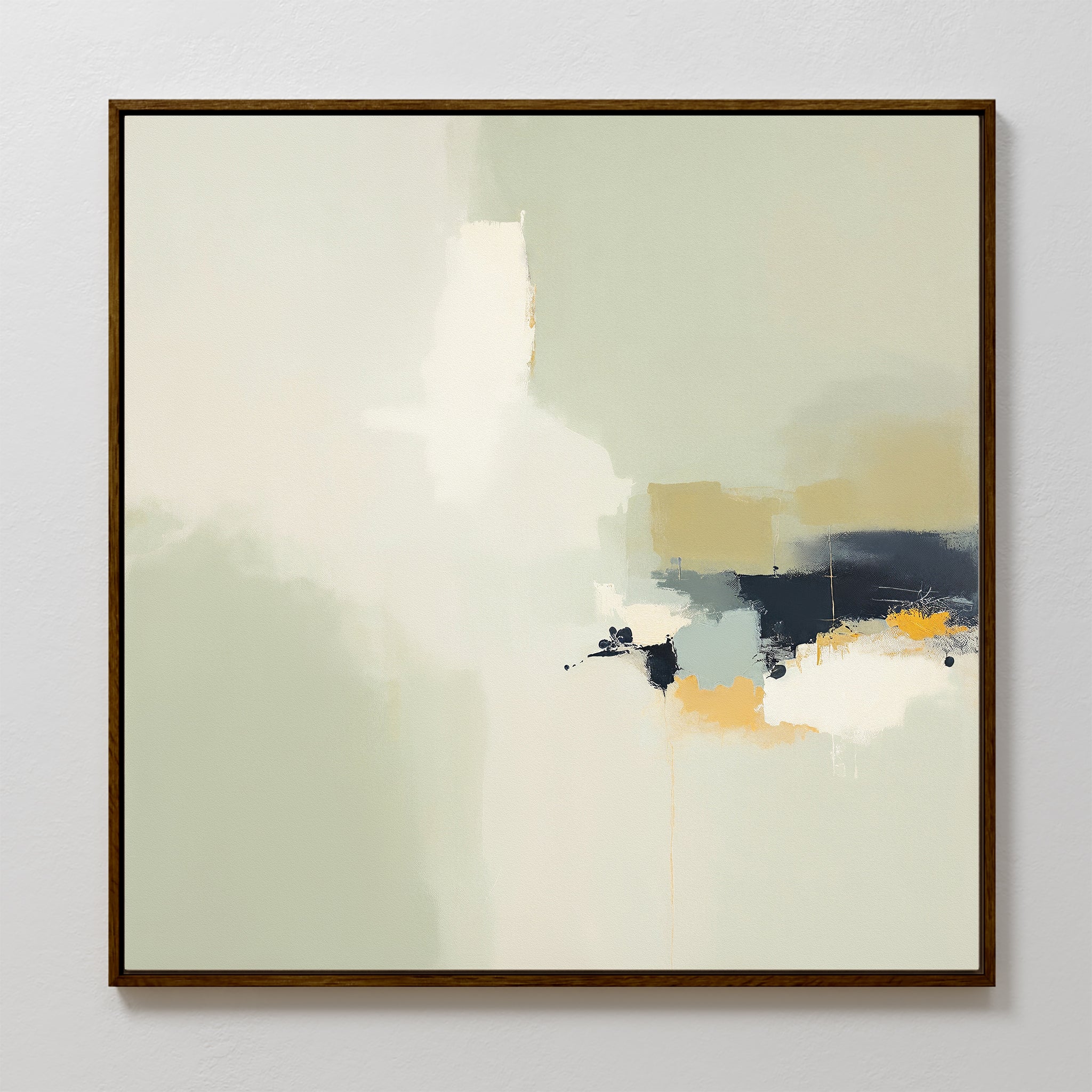 Weathered Composition Canvas Art - Square features blended areas and bold, textured brushstrokes in pale green, beige, white, and navy blue. This framed abstract print brings modern elegance with a style reminiscent of Nordic Park artwork.