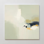 Weathered Composition Canvas Art - Square features a refined abstract design with soft pale green, cream, and white tones fading leftward, while bold dark blue, yellow, and beige blocks add modern elegance on the right side.