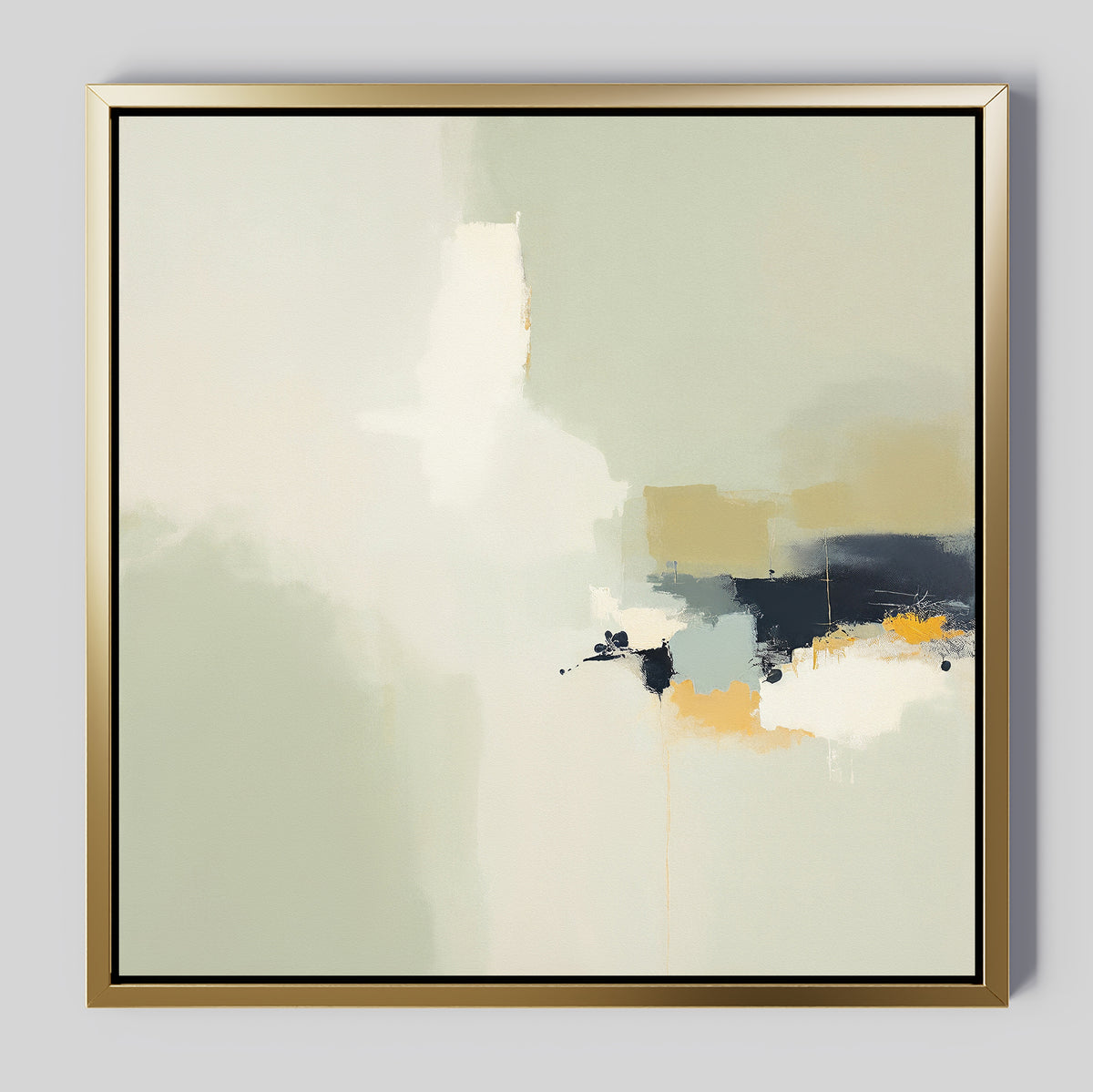 Weathered Composition Canvas Art - Square: Abstract painting in a gold frame with soft white, gray, beige, and blue tones plus bold navy and gold accents, capturing modern elegance with hints of Nordic Park-inspired style.
