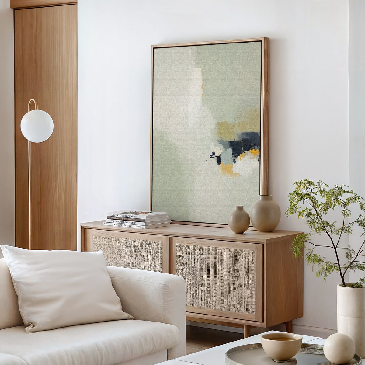 A minimalist living room with a light wood sideboard, Weathered Composition Canvas Art - Vertical, neutral vases, stacked books, a white cushioned sofa, a globe floor lamp, and a small green plant in a beige pot exudes modern elegance.