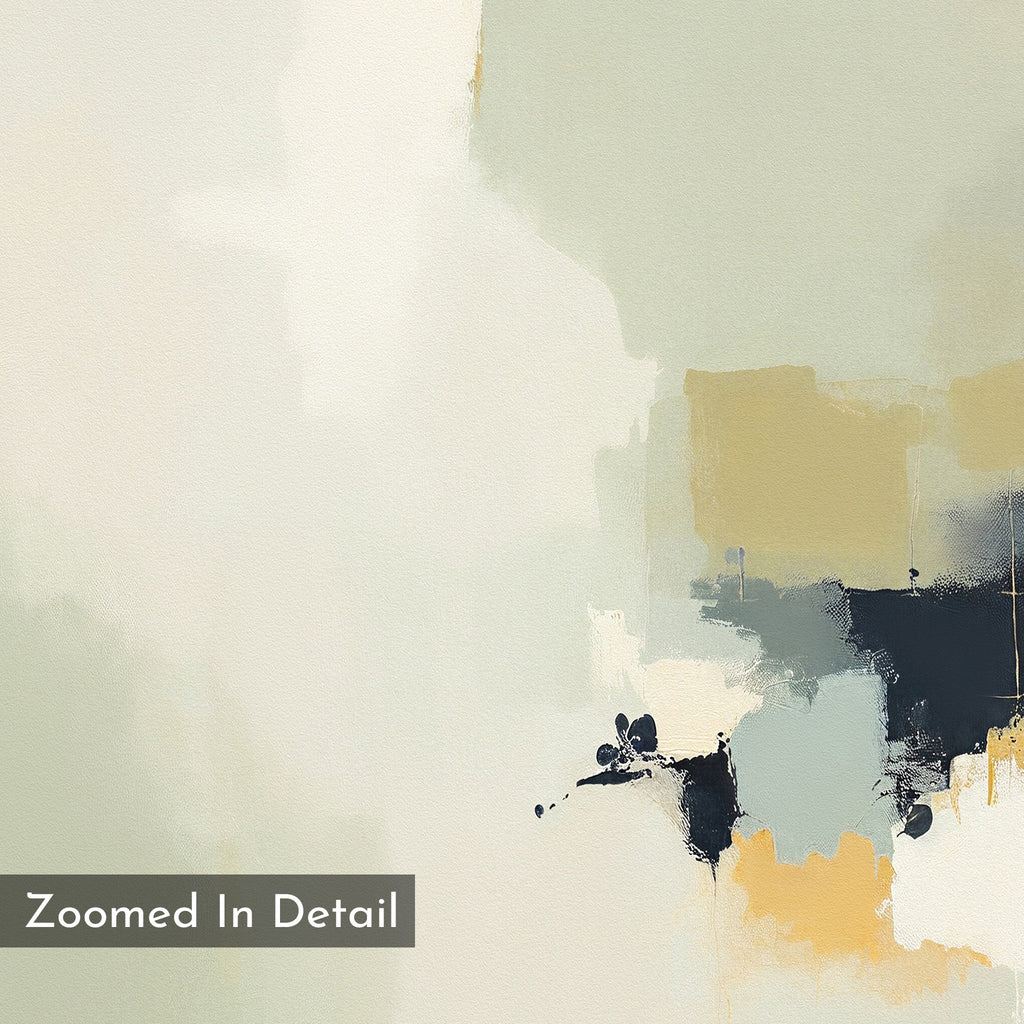 Weathered Composition Canvas Art - Vertical features soft beige, gray, blue, and gold tones for modern elegance. Layered shapes add depth. A gray box with "Zoomed In Detail" appears in the bottom left corner.