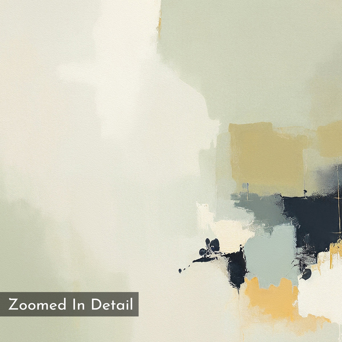Weathered Composition Canvas Art - Vertical features soft beige, gray, blue, and gold tones for modern elegance. Layered shapes add depth. A gray box with "Zoomed In Detail" appears in the bottom left corner.