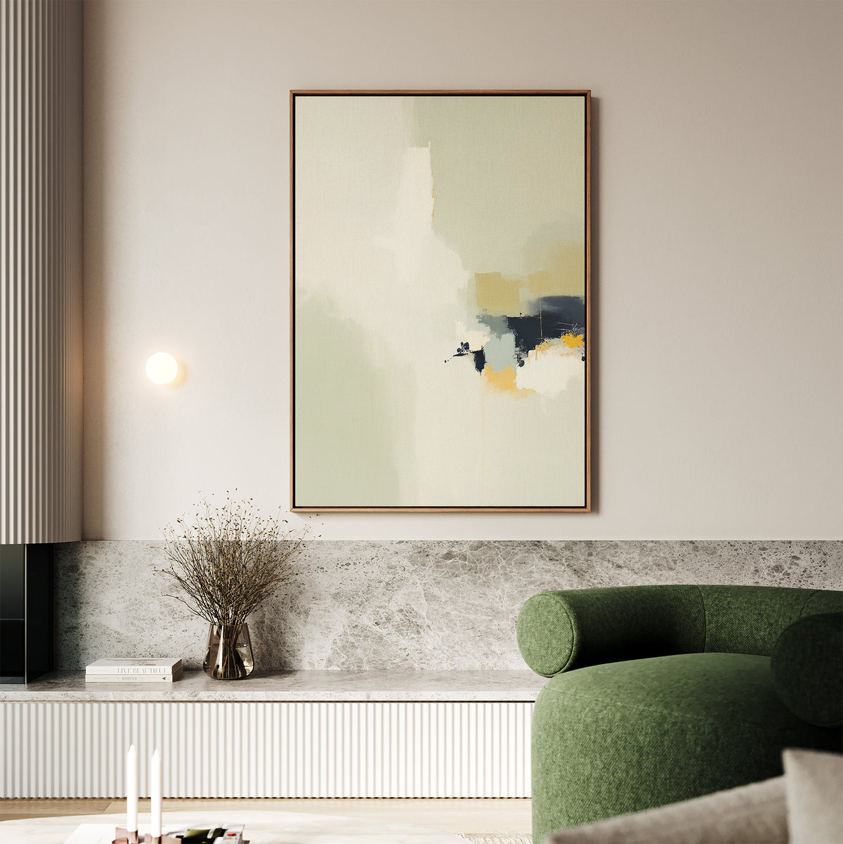 A modern living room featuring the Weathered Composition Canvas Art - Vertical in soft neutral and blue tones above a marble shelf, with a round green armchair and minimalistic decor, exudes modern elegance.