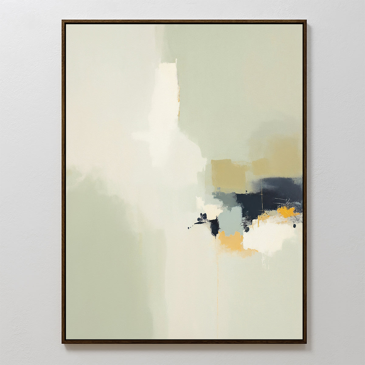 Weathered Composition Canvas Art - Vertical features a minimal abstract design in beige and white, accented by bold dark blue, gold, and gray. This contemporary print embodies modern elegance with balance and tranquility.