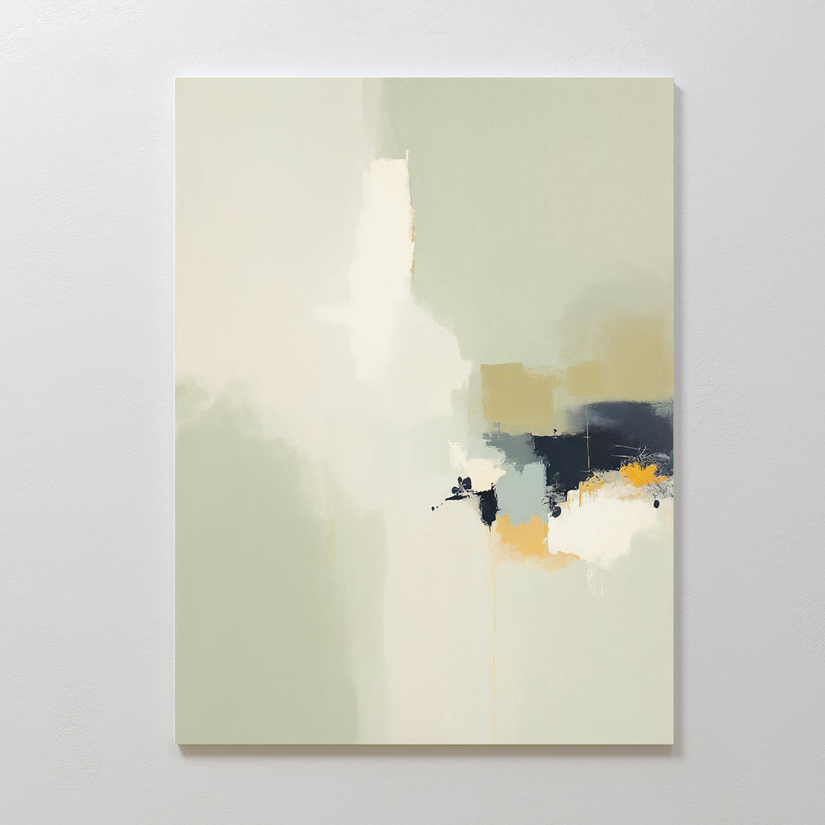 Weathered Composition Canvas Art - Vertical features soft beige, cream, and pale green hues with bold dark blue, black, and yellow accents clustered at the lower right, creating a modern, elegant look on a rectangular vertical canvas.