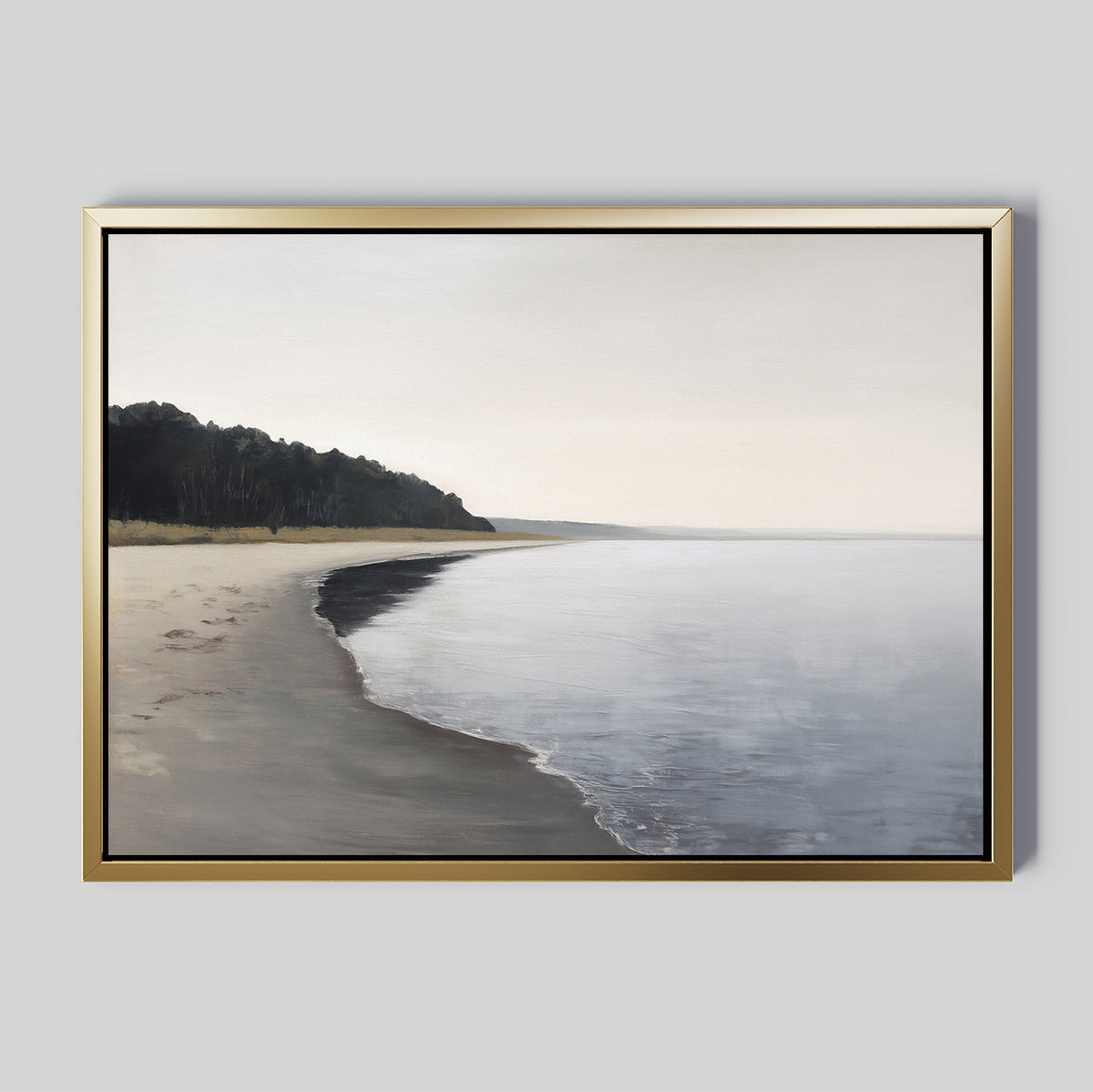 The Weathered Shore Canvas Art - Horizontal features a calm beach with gentle waves and distant trees under a pale sky. Its muted tones evoke the serene ambiance of Nordic Park, making it perfect for tranquil spaces.