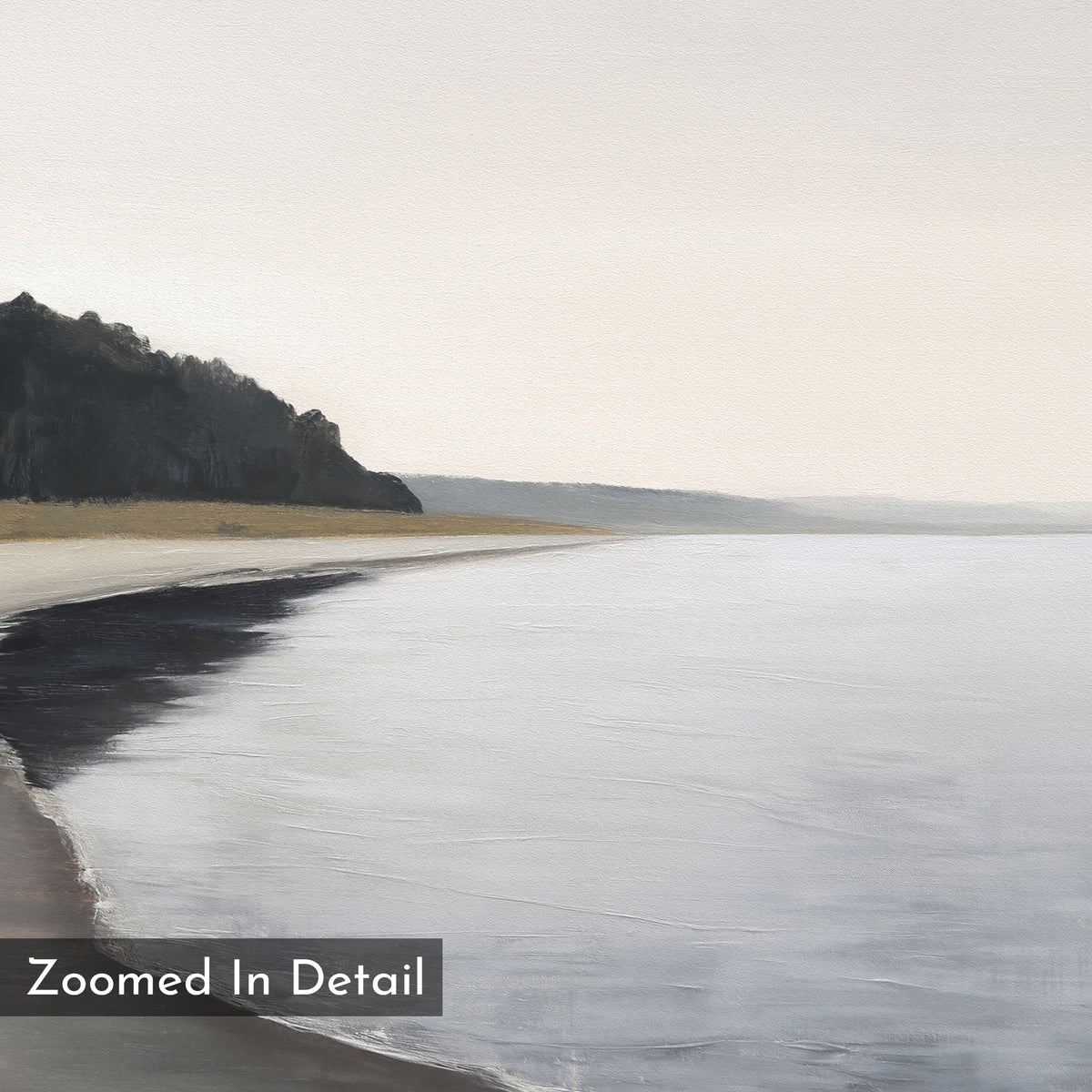 A calm, overcast beach with gentle waves, sandy beach, and rocky cliffs sets a serene mood in muted tones. The text "Zoomed In Detail" appears. Weathered Shore Canvas Art - Horizontal is perfect for coastal wall décor.