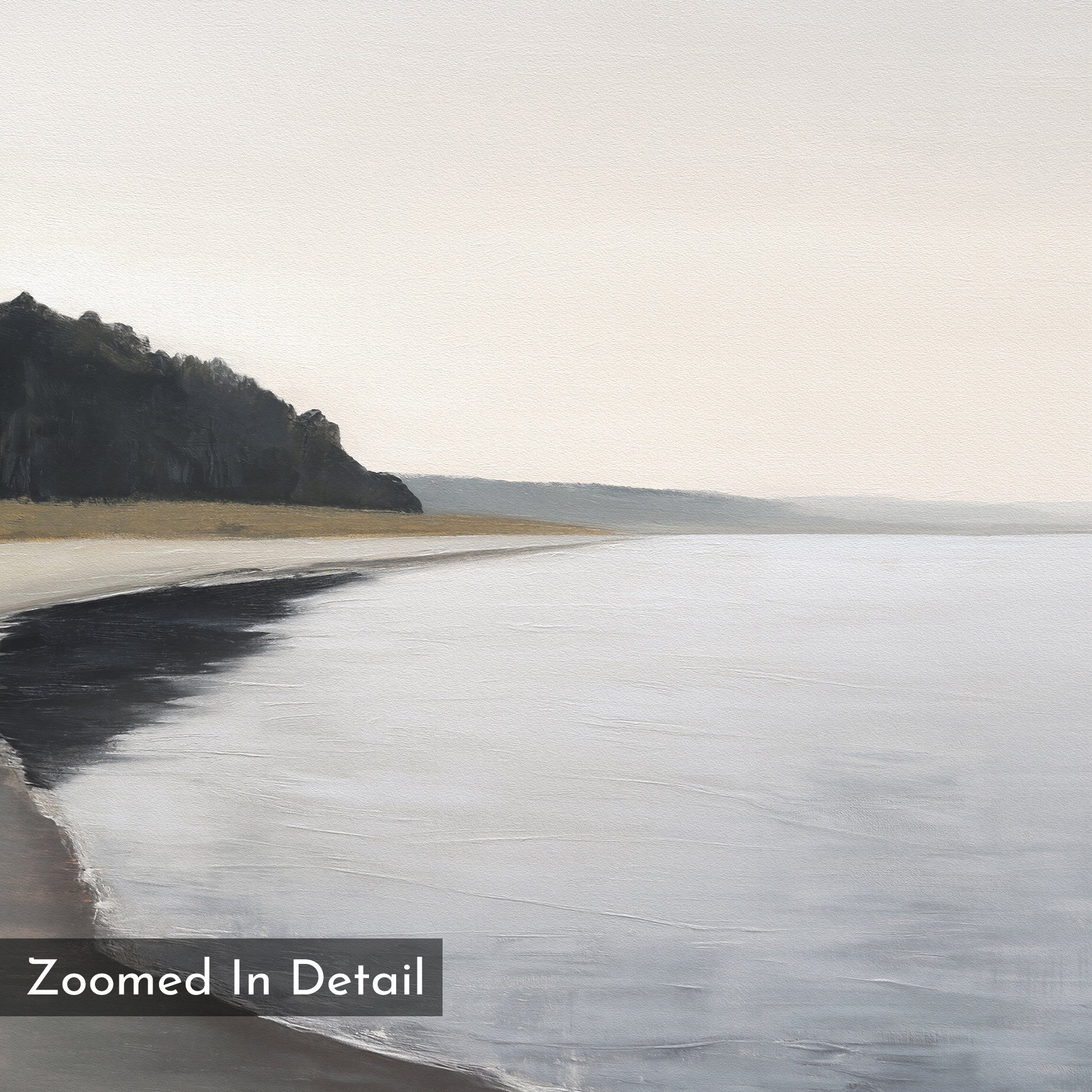 A calm, overcast beach with gentle waves, sandy beach, and rocky cliffs sets a serene mood in muted tones. The text "Zoomed In Detail" appears. Weathered Shore Canvas Art - Horizontal is perfect for coastal wall décor.