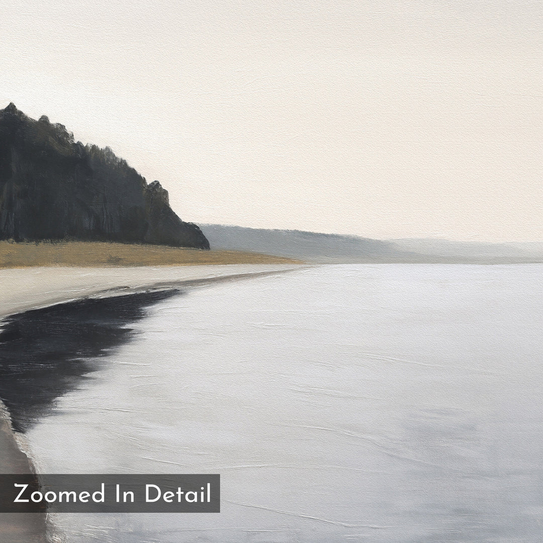 A calm, overcast beach with gentle waves, sandy shore, and distant rocky cliff—perfect as Weathered Shore Canvas Art - Square wall decor. "Zoomed In Detail" appears in the lower left corner.