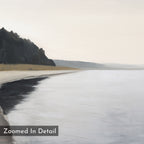 A calm, overcast beach with gentle waves, sandy shore, and distant rocky cliff—perfect as Weathered Shore Canvas Art - Square wall decor. "Zoomed In Detail" appears in the lower left corner.
