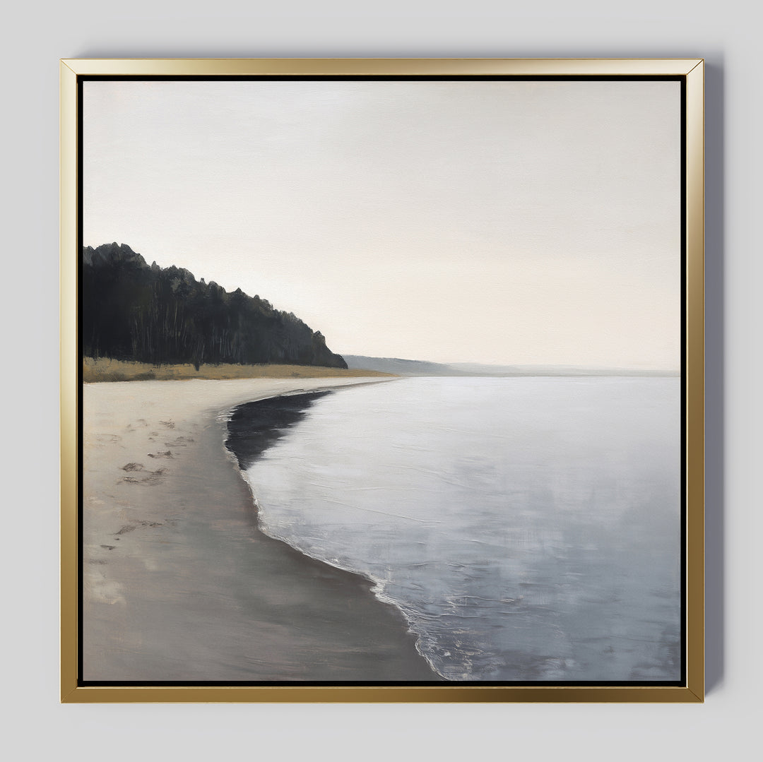 The Weathered Shore Canvas Art - Square features a tranquil beach with gentle waves, distant dark trees, and a soft sky—an ideal framed wall art piece to create a peaceful, serene atmosphere in your space.