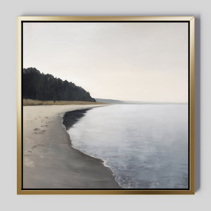 The Weathered Shore Canvas Art - Square features a tranquil beach with gentle waves, distant dark trees, and a soft sky—an ideal framed wall art piece to create a peaceful, serene atmosphere in your space.