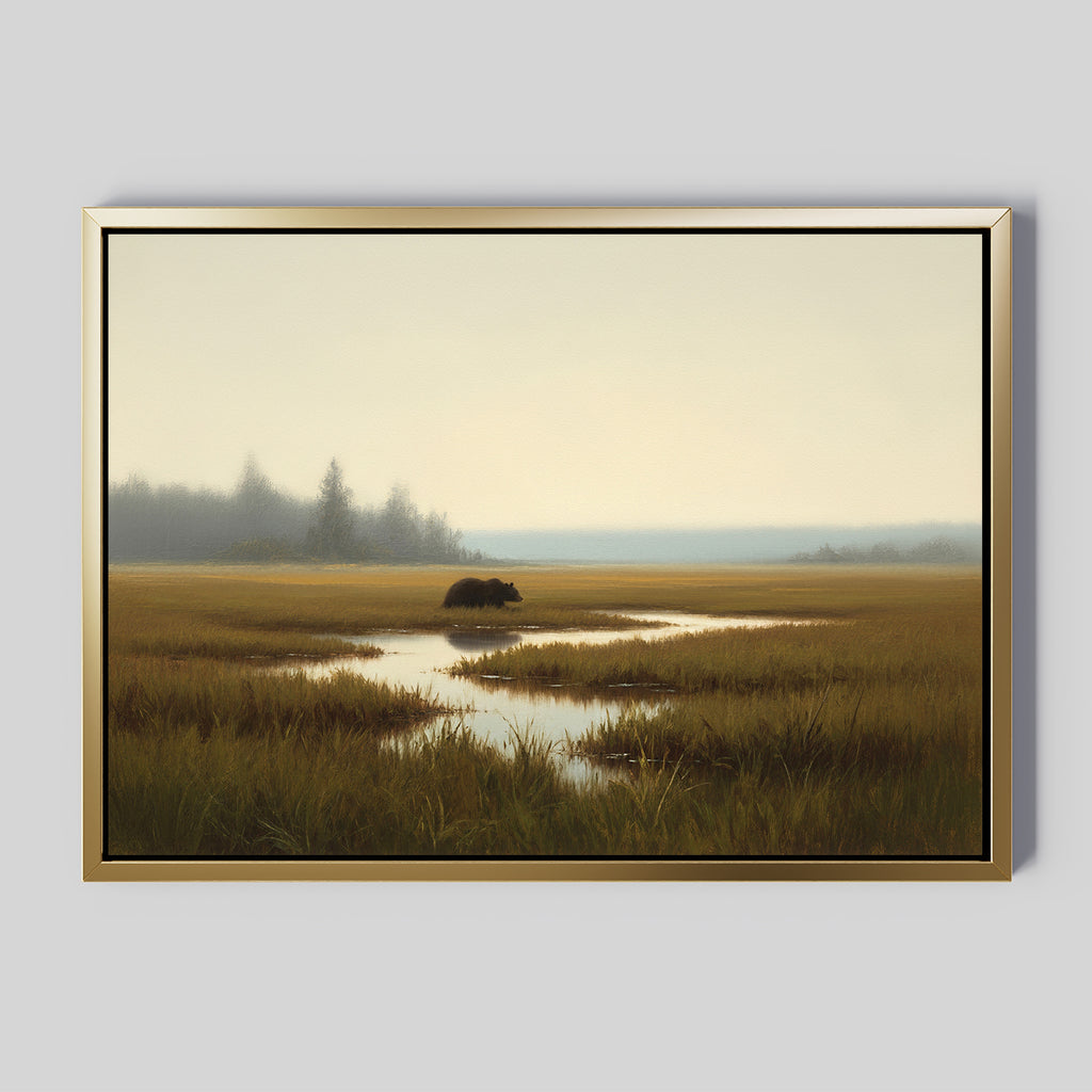 The Wetland Bear Canvas Art - Horizontal depicts a serene marsh scene with a bear wandering through grassy pools, misty trees in the background, and a pale sky above.