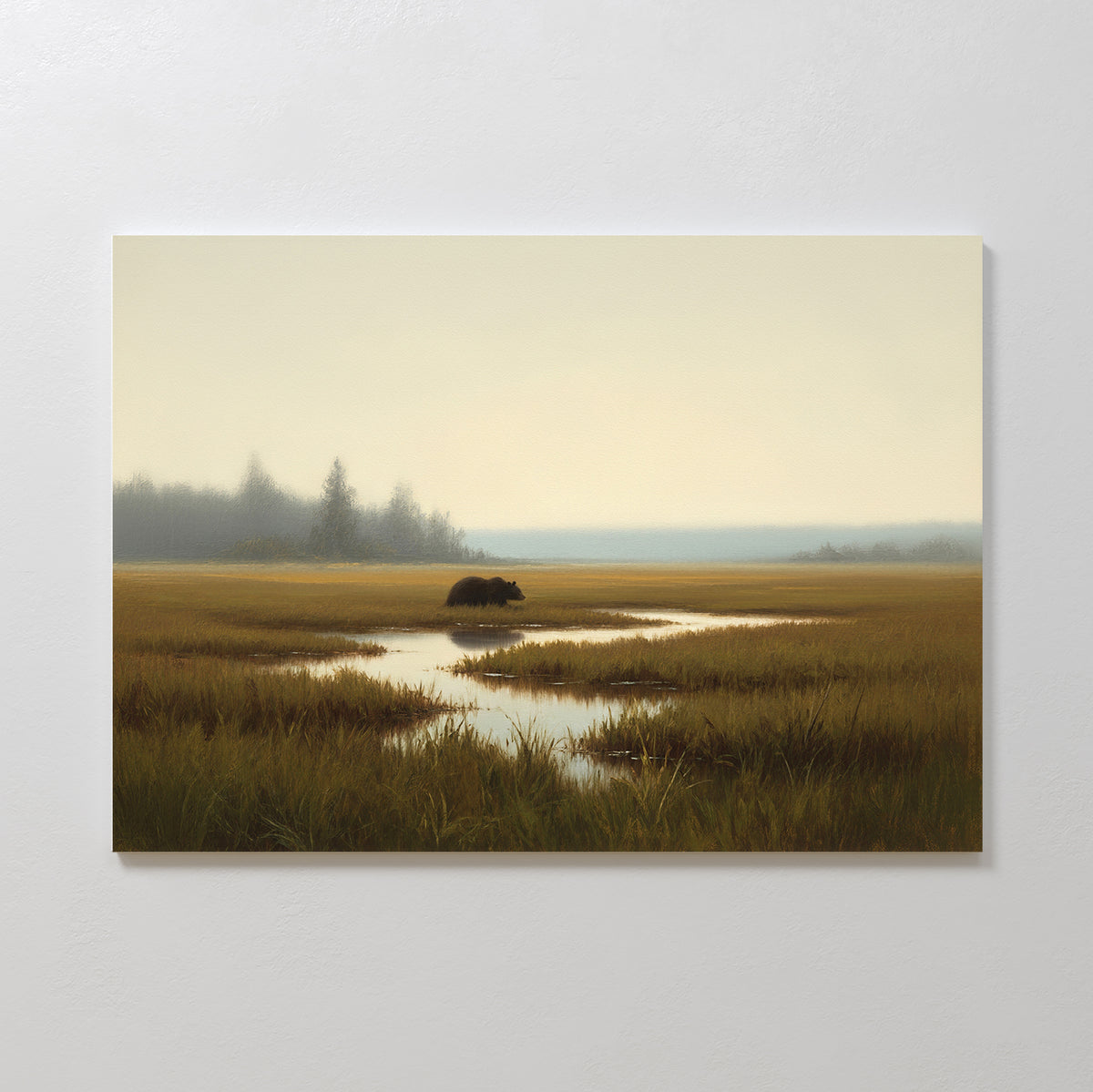 A solitary bear stands by a calm stream in a grassy wetland, misty trees behind under an overcast sky—Wetland Bear Canvas Art - Horizontal is a tranquil wall print perfect for nature lovers.
