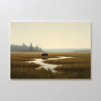 A solitary bear stands by a calm stream in a grassy wetland, misty trees behind under an overcast sky—Wetland Bear Canvas Art - Horizontal is a tranquil wall print perfect for nature lovers.