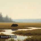 A wetland bear walks through tall grass by a calm stream in a misty landscape with distant trees. Text reads Zoomed In Detail—Wetland Bear Canvas Art - Horizontal, a tranquil wall print for nature lovers.