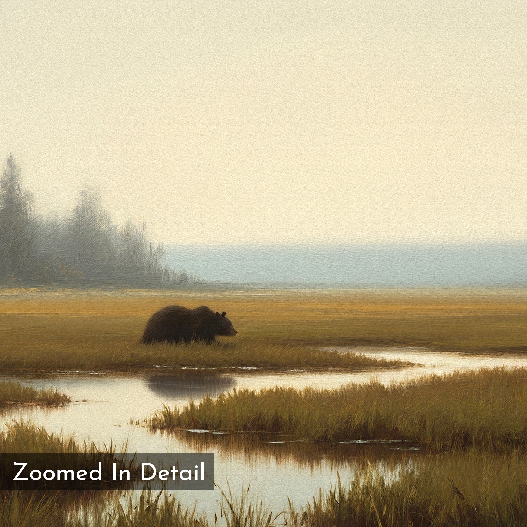 A wetland bear walks through tall grass by a calm stream in a misty landscape with distant trees. Text reads Zoomed In Detail—Wetland Bear Canvas Art - Horizontal, a tranquil wall print for nature lovers.