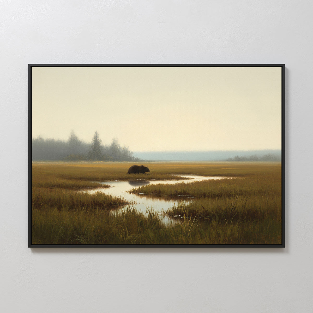 Bring calm to your space with the Wetland Bear Canvas Art - Horizontal, showcasing a bear walking through marshy grass, serene water reflections, distant trees, and soft overcast lighting in a tranquil wall print.